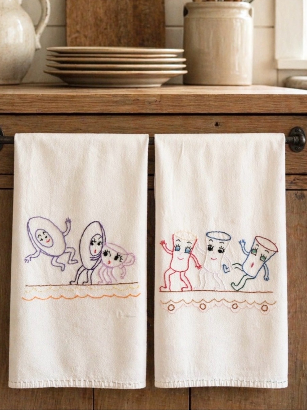 2 Vintage Embroidered Kitschy Dish Towels. Humpty Dumpty | Hand Stitched | 35x19